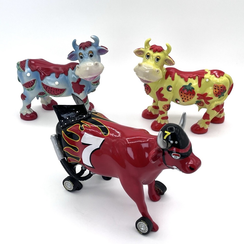 Lot (3) Vintage Cow Parade Nascow Car & Resin Figures Strawberry Watermelon